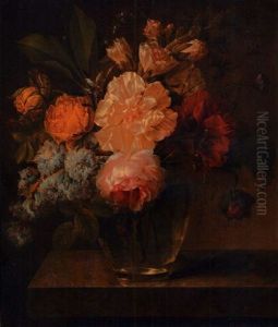 Roses, Hollyhocks, A Peony And Other Flowers In A Glass Vase On A Marble Ledge by Joseph-Laurent Malaine