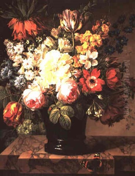 Floral Still-life With Roses, Tulips And Dahlias In A Black Vase] - view 1