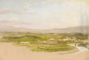 An Extensive River Landscape With Mountains Beyond by Charles Alexis Malapeau