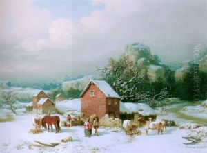 Winter Landscape With Farm Buildings And Animals by William Malbon