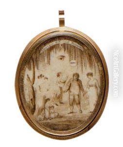 Group Of Figures Including A Woman With A Baby, Three Small Children At Her Feet, A Blessing Figure Approaching A Man, All Under A Weeping Willow by Edward Greene Malbone