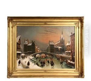 Ice Skating On The Canal, Bruges, Belgium by Louis-Claude Malbranche