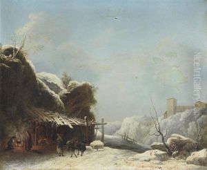 A Winter Landscape With A Woman And Her Donkey On A Path by Louis-Claude Malbranche