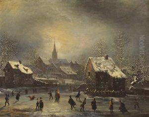Scene De Patinage Aux Abords D"un Village by Louis-Claude Malbranche