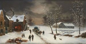 Cavalier Sous La Neige, Chariot Dans Un Village D'hiver (pair)