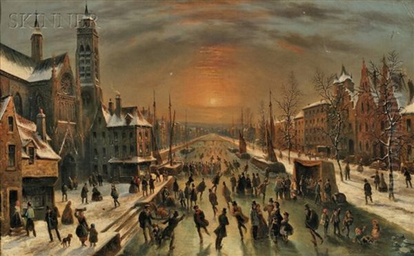 City Scene With Skaters On A Canal At Dusk - view 1