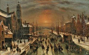 City Scene With Skaters On A Canal At Dusk