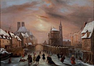 Village Sous La Neige Avec Des Patineurs Sur Le Fleuve by Louis-Claude Malbranche