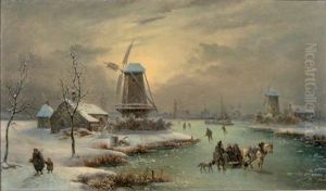 Chariot Et Patineurs Sur Une Riviere Gelee by Louis-Claude Malbranche