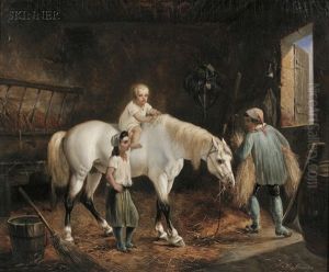 Stable View With Horse And Three Figures Stable View With Horse And Three Figures