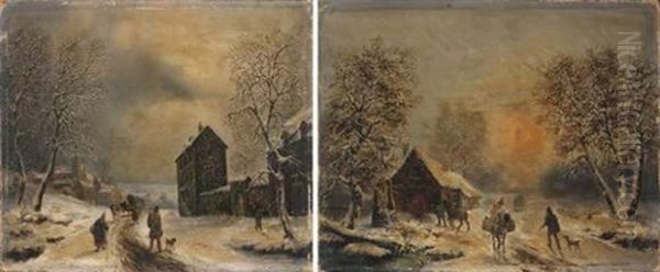 Promeneurs Dans Un Paysage Enneige (pair) - view 1