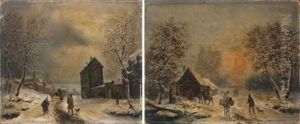 Promeneurs Dans Un Paysage Enneige (pair)