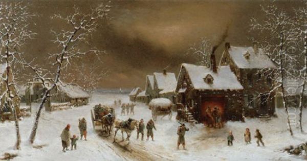 Soldaten Ziehen Durch Winterliche Dorflandschaft - view 1