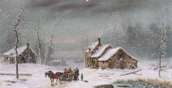 Skaters Near A Village In Winter - view 1