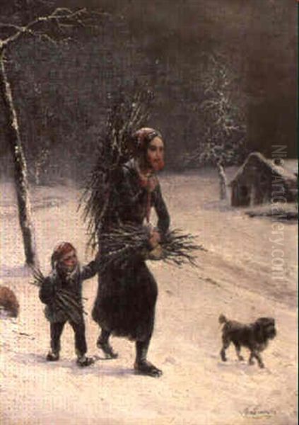 Reisigsammlerin Mit Kind Und Hund In Winterlandschaft - view 1