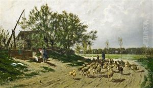 Landschaft In Mecklenburg Mit Schafer Und Seiner Herde by Karl Malchin
