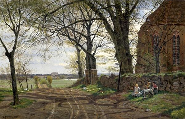 Vorfruhling: Feldweg Bei Der Dorfkirche Gressow, Im Hintergrund Schloss Pluschow Bei Wismar - view 1