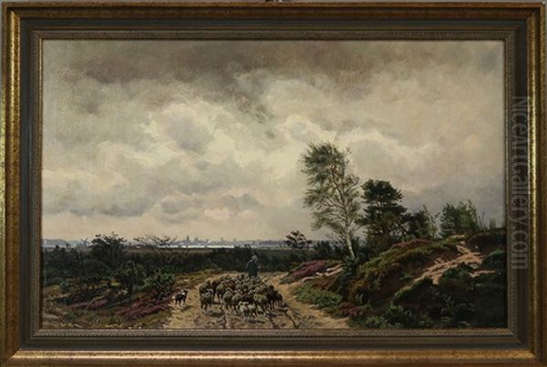 Schafer Mit Seiner Herde Bei Aufziehendem Gewitter Im Moor - Am Horizont Wohl Stadtsilhouette Von Schwerin - view 1