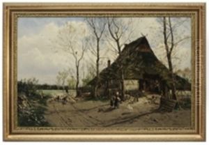 Landscape With Barn, Figures, Chickens And Shepherd by Karl Malchin