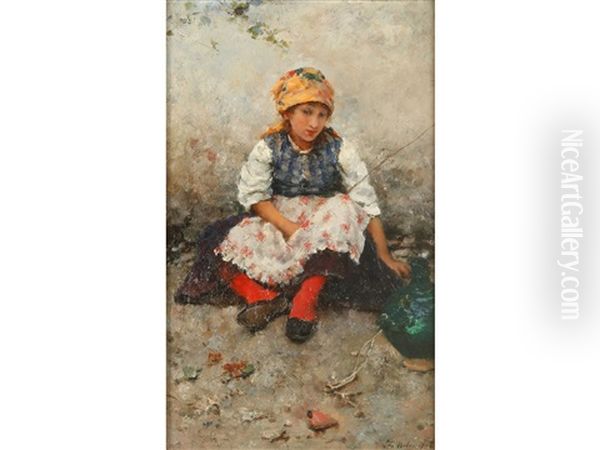 A Study Of A Young Girl In Traditional Costume, Seated Beside A Pot - view 1