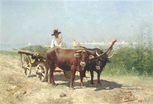 An Oxen Drawn Cart Before The Venetian Lagoon