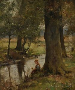 Young Woman Seated By A Stream