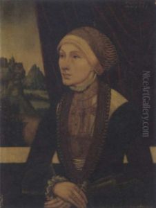 Portrait Of A Lady In A Green Embroidered And Bejewelled Bodice Before A Crimson Curtain, A Landscape Beyond