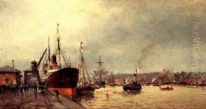 Steam-sailer And Trading Ships At A Mediterranean Port by Charles Alexandre Malfray