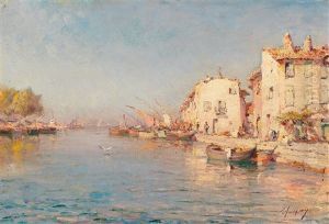 River Landscape In Southern France With Sailing Barges