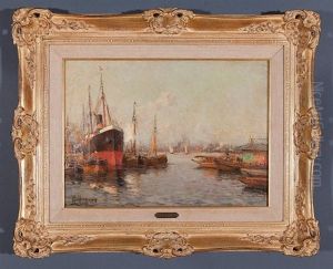 A French Port With An Ocean-going Ship by Charles Malfroy