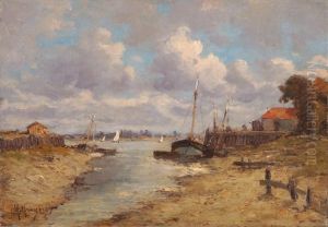 Kustenansicht Mit Vor Anker Liegenden Fischerbooten Kustenansicht Mit Vor Anker Liegenden Fischerbooten