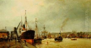 Steam-sailer And Trading Ships At A Mediterranean Port by Charles Malfroy