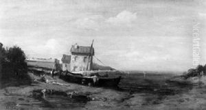Kustenlandschaft Mit Fischerhaus Und Fischer Mit Seinem Boot Kustenlandschaft Mit Fischerhaus Und Fischer Mit Seinem Boot