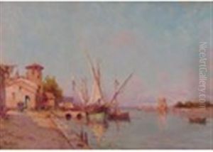 Mediterranean Harbour Scene With Moored Fishing Boats by Henri Malfroy-Savigny