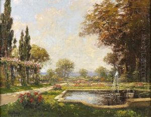 Jardin En Fleurs Avec Bassin Et Jet D'eau