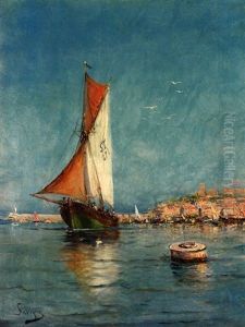 Auslaufendes Fischerboot Vor Sudlicher Hafenstadt by Henri Malfroy-Savigny