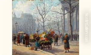Marchand De Fleurs, Place De La Madeleine by Henri Malfroy-Savigny