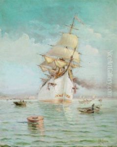 A Magnificent Steam-sailership Leaving Port Under Full Power And Billowing Sails by Henri Malfroy-Savigny