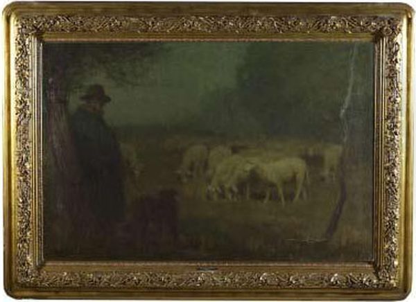 Nachtliche Waldlichtung Mit Schafer Und Herde - view 1