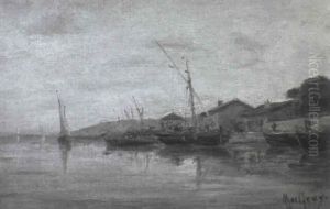 Kustenpartie Mit Segelbooten In Der Abenddammerung by Henri Malfroy-Savigny