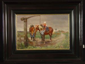Junge Bauerin Zu Pferde Bringt Dem Bauern Einen Krug by Max Bergmann