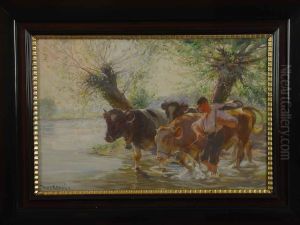 Hirte Mit 3 Kuhen Am Ufer Eines Weihers by Max Bergmann