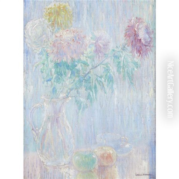 Bouquet Of Chrysanthemums In A Vase, Two Apples And A Tea Cup - view 1