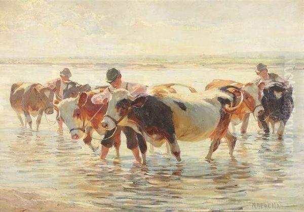 Bergmann, Max. Peasants With Cows In A Ford - view 1