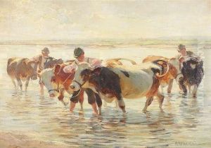 Bergmann, Max. Peasants With Cows In A Ford by Max Bergmann