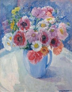Fleurs Dans Un Pichet Bleu by William Malherbe