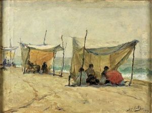 Praia Com Barracas Com Figuras by Jose Vital Branco Malhoa