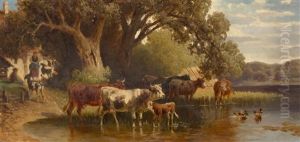 Kuhe Und Enten Im Wasser, Am Ufer Ein Bauernpaar Mit Ziegen Vor Einem Haus by Christian Friedrich Mali