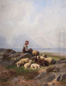 Rastende Schaferin Mit Ihrer Herde Am Chiemsee