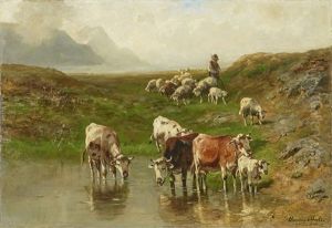 Cows And Sheep At The Shore by Christian Friedrich Mali